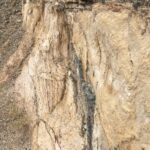 Vertical and horizontal copper-iron oxide veins, in highly schistose quartz monzonite; south end of North Pit